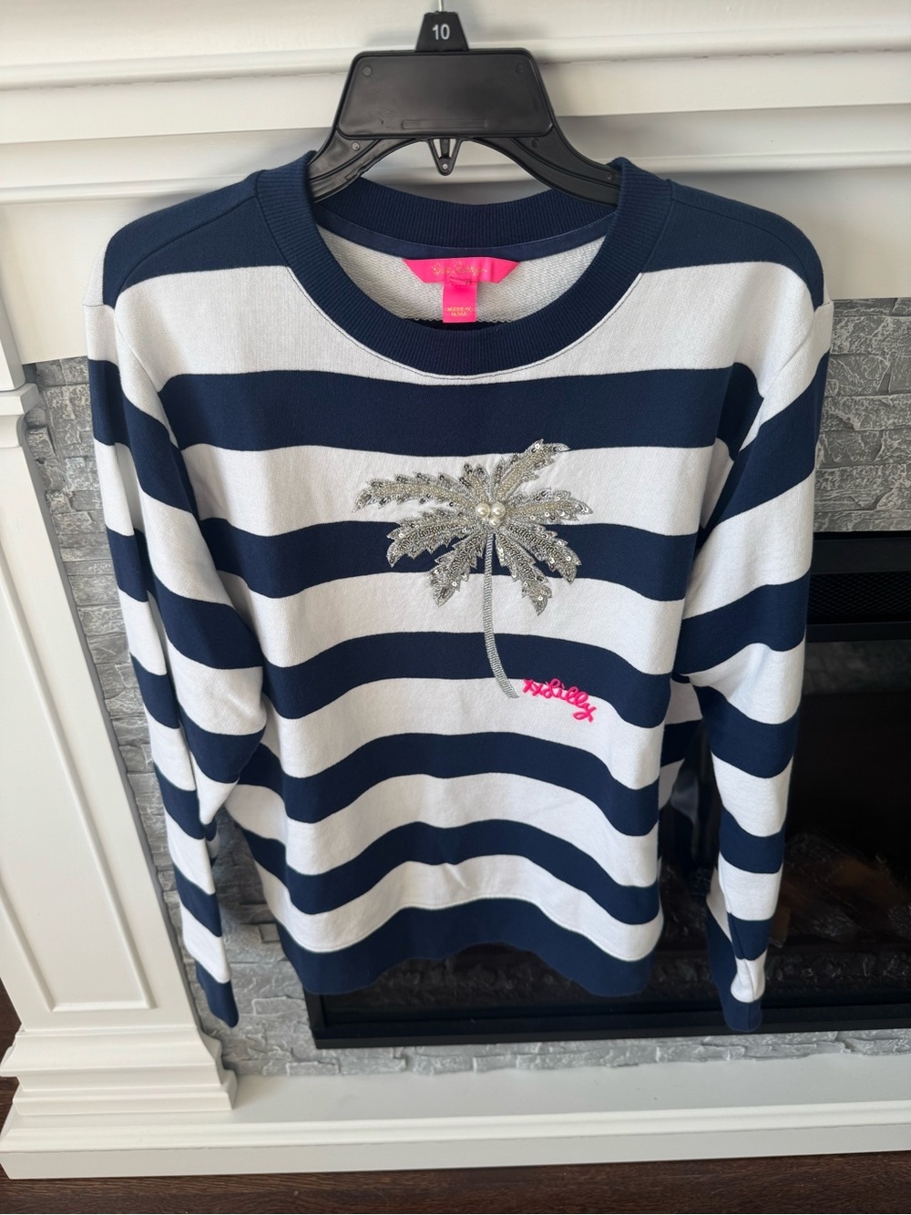 Lilly Pulitzer Ballad Sweatshirt Cotton Striped Beaded Palm Low Tide Navy